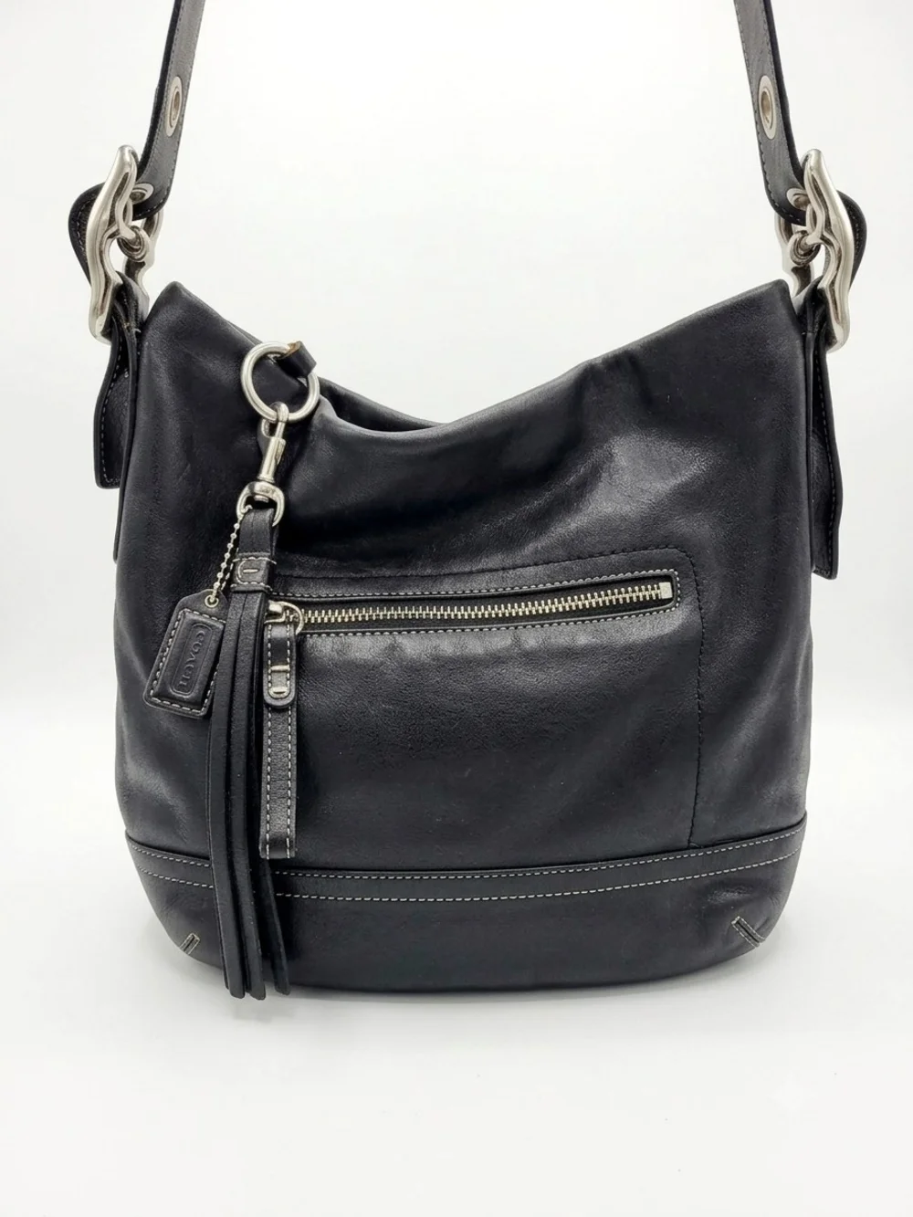 Vintage Coach Black Leather Shoulder Bag with Tassel Charm